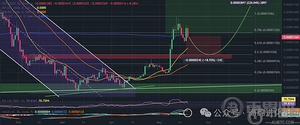 PEPE / USDT 1 日图，潜在回调。资料来源：TradingView / Binance。